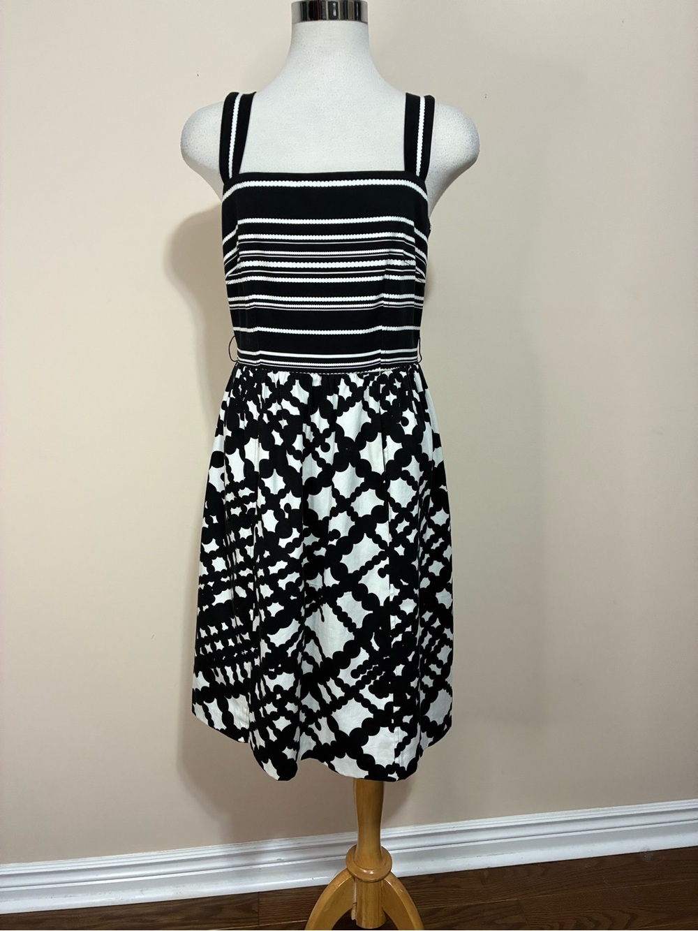 David Meister Black and White Striped & Graphic Midi Dress